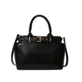 Glossy black tote bag with gold hardware and adjustable strap on white background - Black