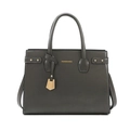 Borsa tote minimalista grigio scuro in pelle con borchie dorate e manici su sfondo bianco - Grigio