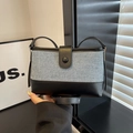 Minimalist blue denim and black leather patchwork underarm bag with magnetic flap design - Black Stitching Blue