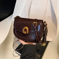 Deep brown glossy PU leather saddle bag with gold metal hardware and chain strap - Coffee Without Pendant