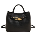 Black crocodile pattern tote bag with gold metal buckle and woven strap for daily commuting - Black