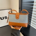Chic blue denim and brown leather contrast shoulder bag with adjustable strap - Brown Stitching Blue