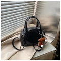 Glossy black bowling bag with adjustable strap and a cute teddy bear charm pendant - Black (With Charm)