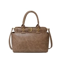 Vintage brown leather tote bag with gold buckle hardware and detachable shoulder strap - Khaki