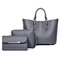 Three-piece dark grey synthetic leather tote bag set with golden chain and hardware - Gray