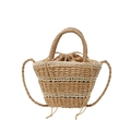 Borsa tote in paglia intrecciata kaki e beige con manico rotondo e tracolla rimovibile - Cachi