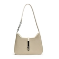 Minimalistische beige Tasche mit Webstruktur, Silberschnalle und Kettenriemen - Weiß