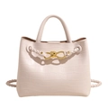 Beige crocodile texture tote bag with golden twist lock and braided strap detail - White