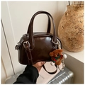 Chocolate patent leather bowling bag with cute puppy pendant and silver zippers - Coffee (With Pendant)