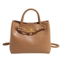 Elegant khaki crocodile-patterned handbag with woven leather detail and top handle - Brown