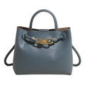 Blue crocodile pattern tote bag with woven leather handles and gold knot buckle - Blue