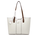 Beige faux leather tote bag with brown handles and a decorative silk scarf detail - Off White