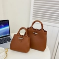 Brown lychee leather bucket bag set with silver horn buckle in medium and small sizes - Brown