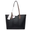 Black large tote bag with lychee texture, brown handles and decorative white silk scarf - Black