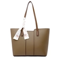 Dark khaki lychee grain leather tote bag with elegant white printed silk scarf handle - Khaki