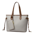 Bolso tote gris con textura de lichi, ribetes marrones y pequeño bolso a juego - Gris