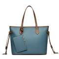 Bolso tote azul de cuero texturizado con asas marrones y monedero a juego - Azul