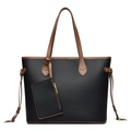Bolso tote grande negro con textura de lichi, ribetes marrones y sobre a juego - Negro