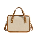 Bolso bandolera de lona beige y cuero marrón con remaches dorados y asa superior - Blanco Marrón