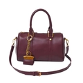 Minimalist burgundy Boston bag in faux leather featuring a mini bag charm and gold studs - Burgundy