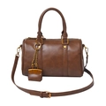 Minimalist dark brown Boston bag with a mini pouch and adjustable crossbody strap - Tan