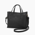 Classic black leather tote bag with lychee texture and detachable shoulder strap - Black