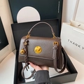 Brown leather satchel bag with gold hardware and charm in a premium gift box - Dark Coffee