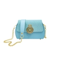 Sky blue crossbody box bag with glitter panels and crown emblem gold buckle accent - Blue