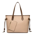 Bolso tote de cuero granulado beige con ribetes marrones y neceser interior a juego - Caqui