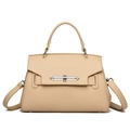 Elegant beige lychee texture satchel bag with top handle and adjustable shoulder strap - Khaki