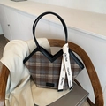 Retro trapezoid tote bag in brown grey plaid fabric with black leather straps and ribbon - Black Lattice