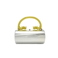 Silver cylindrical box clutch with ornate golden double dragon handles and luxury finish - Silver