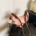 Pink crescent shoulder bag with brown twisted rope strap and cute ice cream charm - With Pendant / Pink