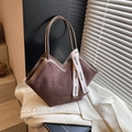 Brown suede tote bag with V-shaped design and decorative strap for women - Brown