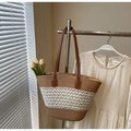 Borsa tote in paglia a righe marroni e bianche con spallacci in ecopelle marrone - Stile 1 (Senza cappello)