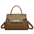 Classic brown lychee textured leather handbag with silver lock and detachable shoulder strap - Dark Khaki