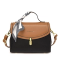 Contrast panel crossbody bag with gold lock and houndstooth scarf wrapped handle - Black and Brown Patchwork