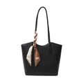 Borsa tote nera con trama intrecciata, finiture in pelle e sciarpa geometrica elegante - Nero