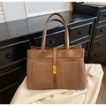 Brown vintage faux leather tote bag with matte panels and gold square twist lock clasp - Brown