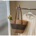 Borsa tote in paglia a righe con manici in pelle marrone in patchwork beige-caffè - Stile 4 (Senza cappello)