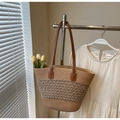 Straw striped tote bag with brown leather handles and hollow woven texture detail - Style 5 (Without Hat)
