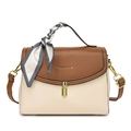 Brown and beige crossbody bag with contrast flap and houndscotth scarf wrap on handle - Cream & Brown Patchwork