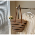 Handwoven straw tote bag with black stripes and brown leather straps for travel - Style 6 (Without Hat)