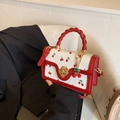 Fashionable cherry print square handbag in red and white with metallic cherry charm - Burgundy