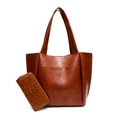 Brown faux leather tote bag and crocodile pattern wallet set with a soft texture - Tan