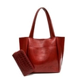 Large capacity red leather tote bag with matching crocodile pattern long wallet set - Burgundy