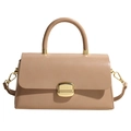Elegant apricot square handbag in smooth leather with round handle and gold hardware - Apricot (Khaki)