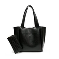Large black soft leather tote bag set with crocodile pattern long wallet for women - Black