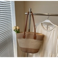 Handmade striped straw tote bag with brown leather handles for summer travel - Style 8 (Without Hat)
