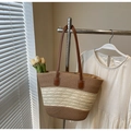 Striped woven straw tote bag with brown leather handles and hollow knit details - Style 9 (Without Hat)